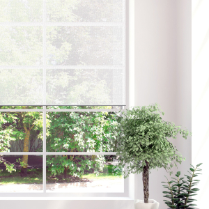Stylish empty room in white color with summer landscape in window. Scandinavian interior design. 3D illustration